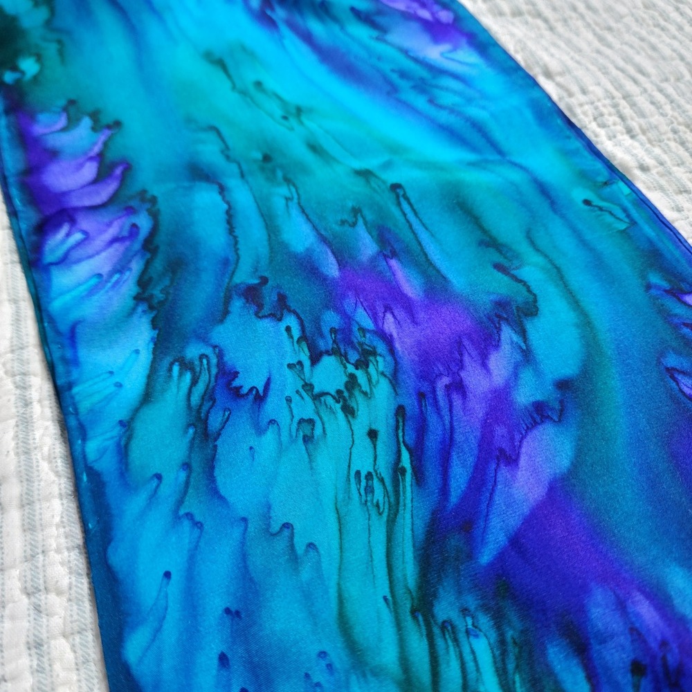 Hand Painted Abstract Silk Scarf Blue Turquoise Purple Hand Rolled Edges signed